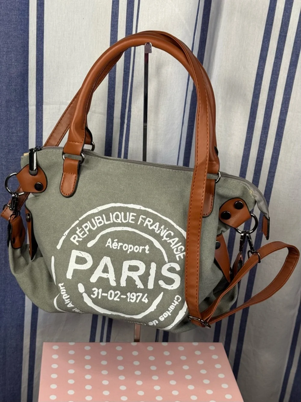 Paris Republique Gray Stamped Canvas Messenger Bag with White Stamp